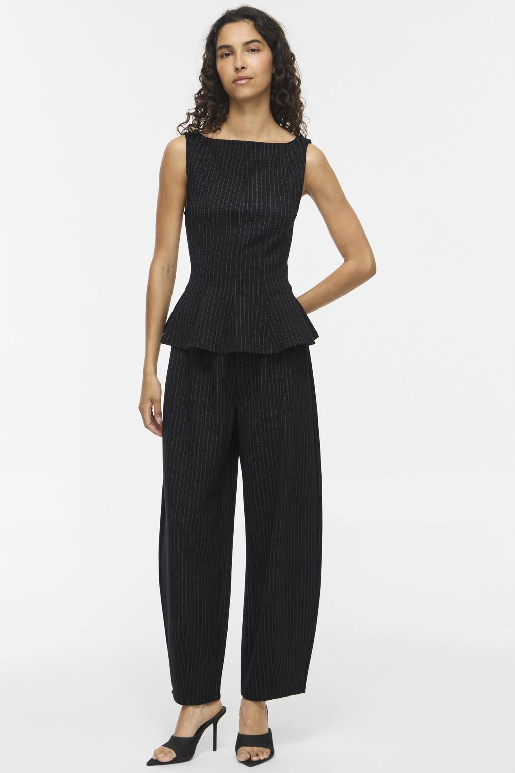 Zwart en grijze dames VILA viscose barrel cropped broek met high waist, elastische tailleband en krijtstreepprint