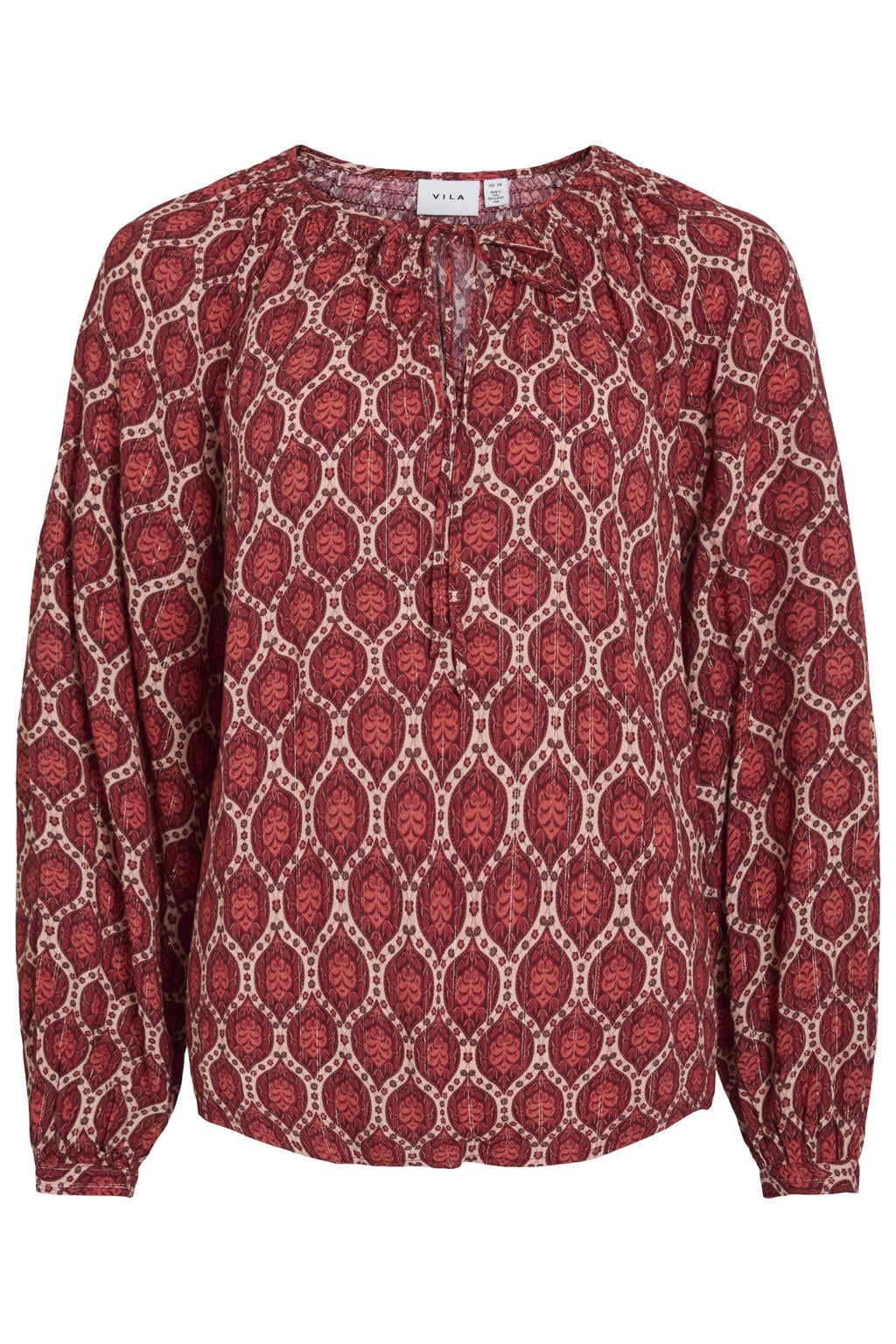 Roodbruine dames VILA top bruin van viscose met lange mouwen, V-hals en striksluiting