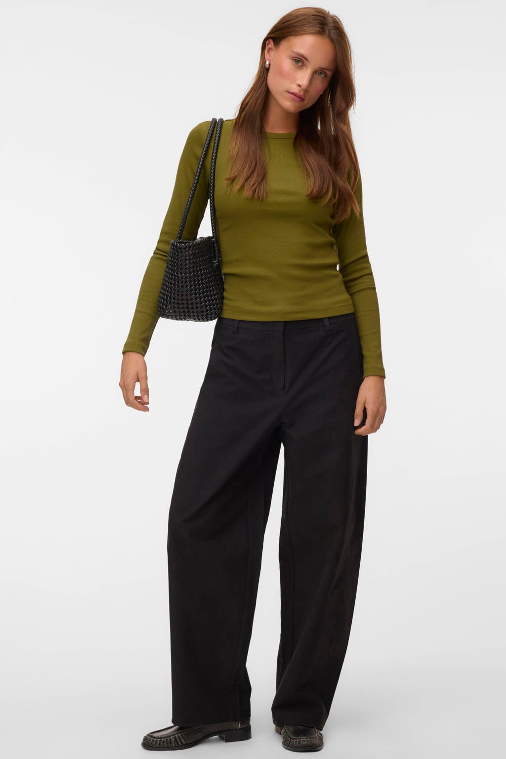 Groene dames VERO MODA aansluitende top met effen, lange mouwen en ronde hals