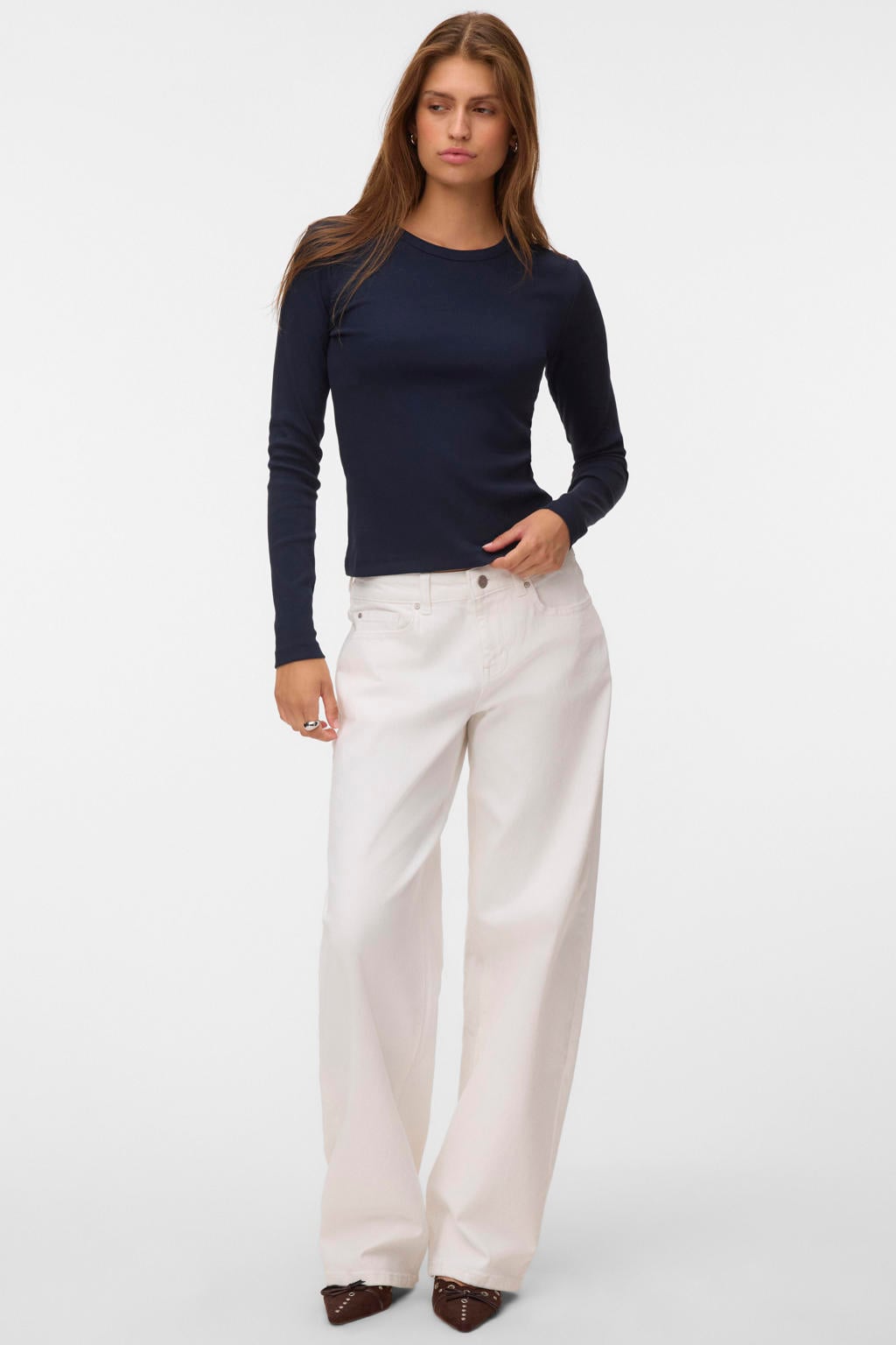 Donkerblauwe dames VERO MODA aansluitende top met effen, lange mouwen en ronde hals