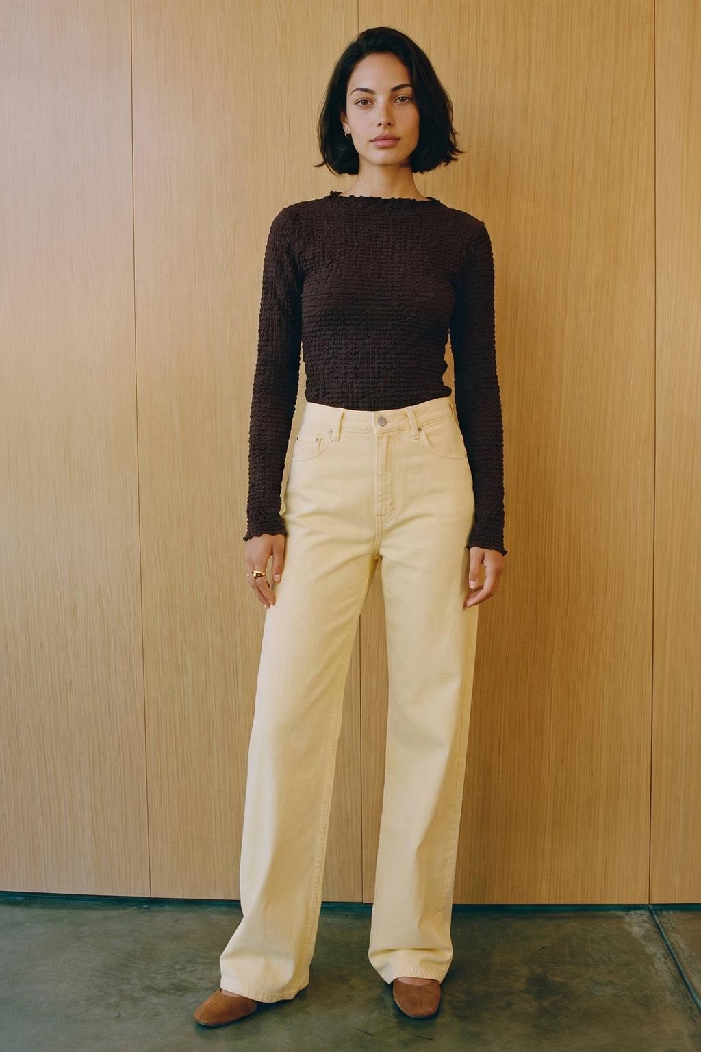 Bruine dames VERO MODA top met effen, lange mouwen en ronde hals