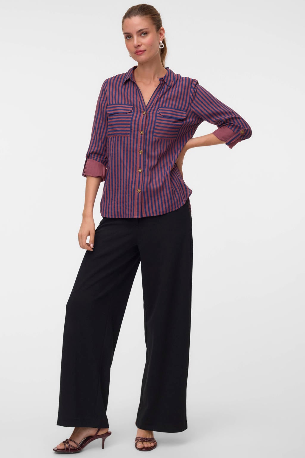 Blauw en roze dames VERO MODA viscose rechtvallende blouse met strepenprint, lange mouwen, klassieke kraag, knoopsluiting en oprolfunctie