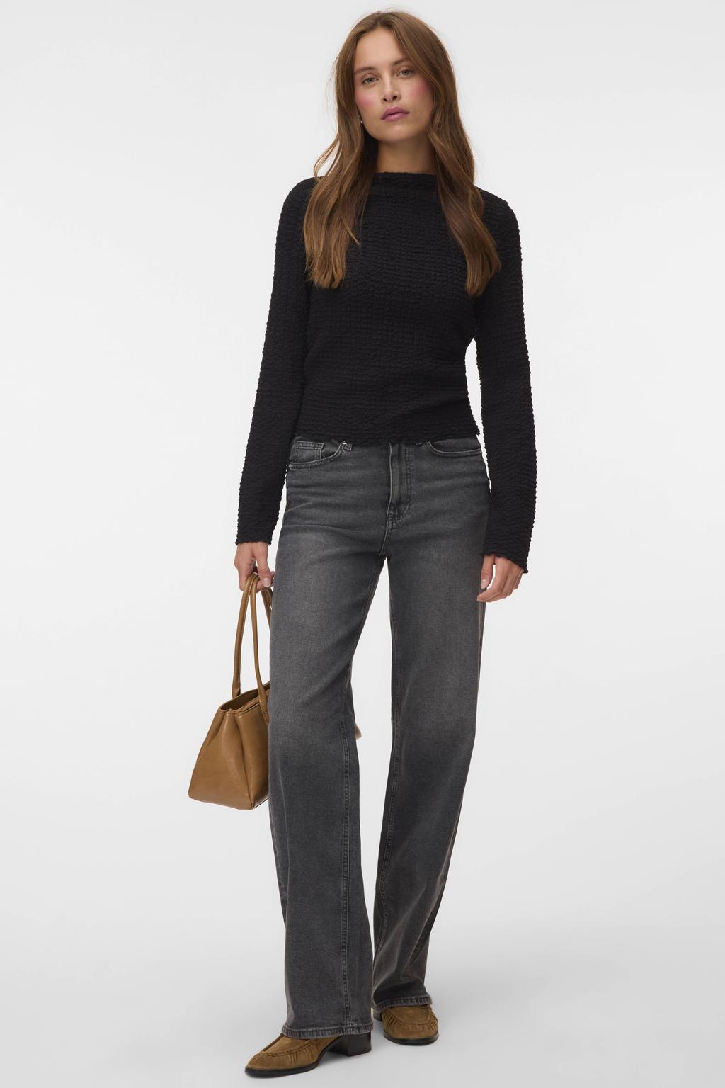 Zwarte dames VERO MODA top met effen, lange mouwen en ronde hals