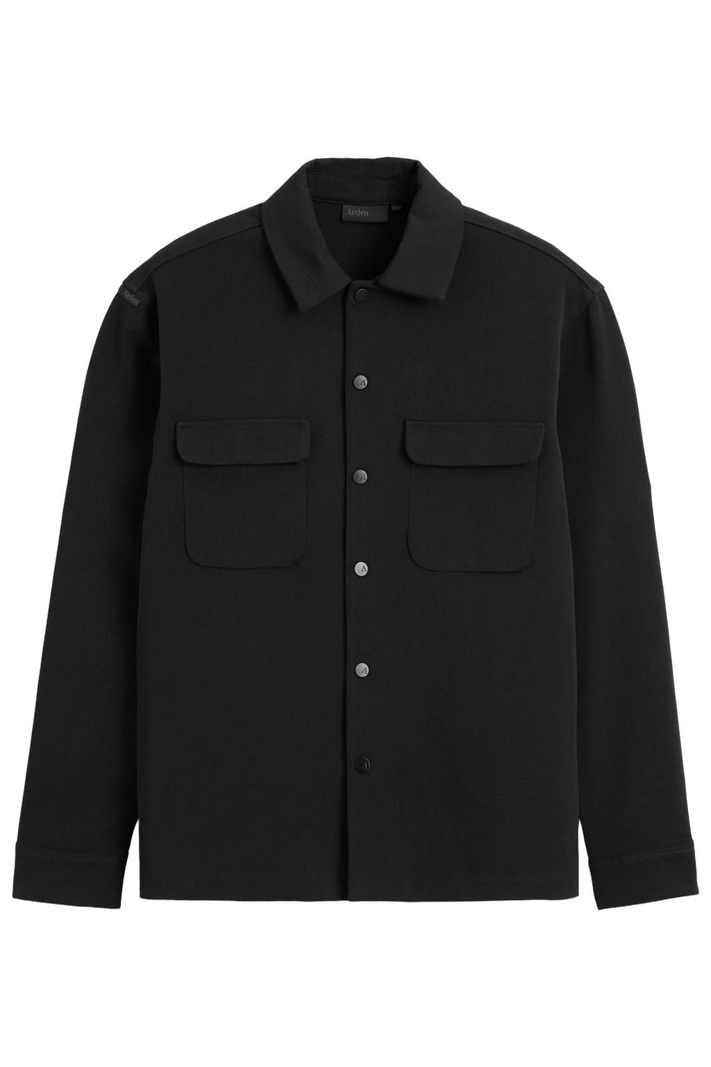 Zwarte heren Aeden regular fit overshirt van polyester met effen, lange mouwen en klassieke kraag
