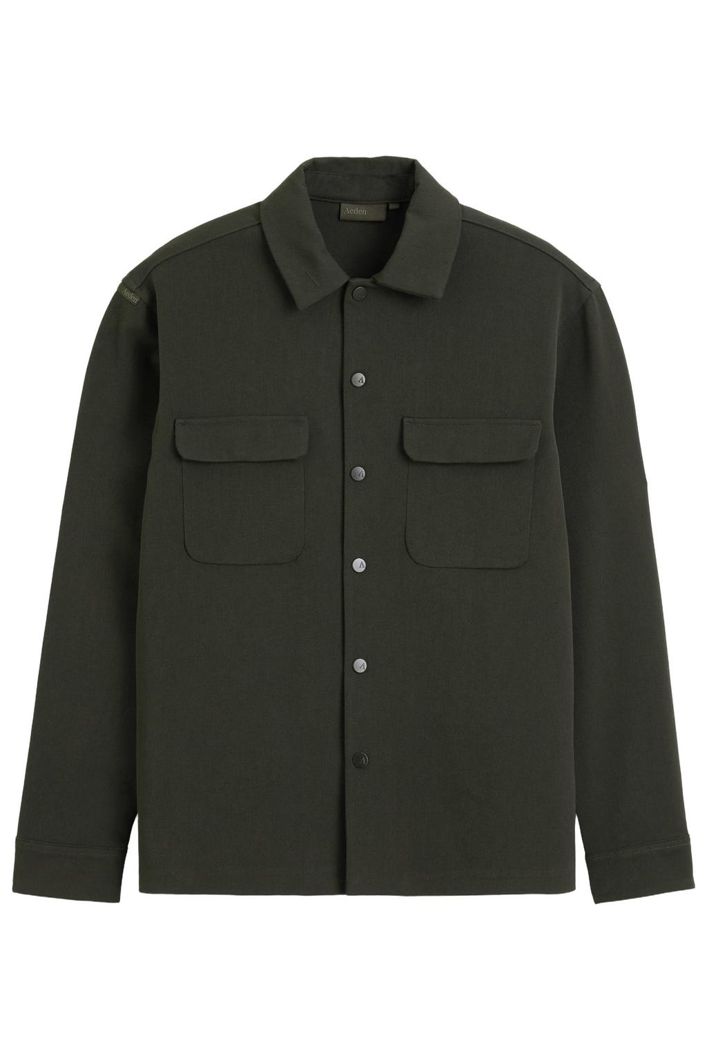 Donkergroene heren Aeden regular fit overshirt van polyester met effen, lange mouwen en klassieke kraag