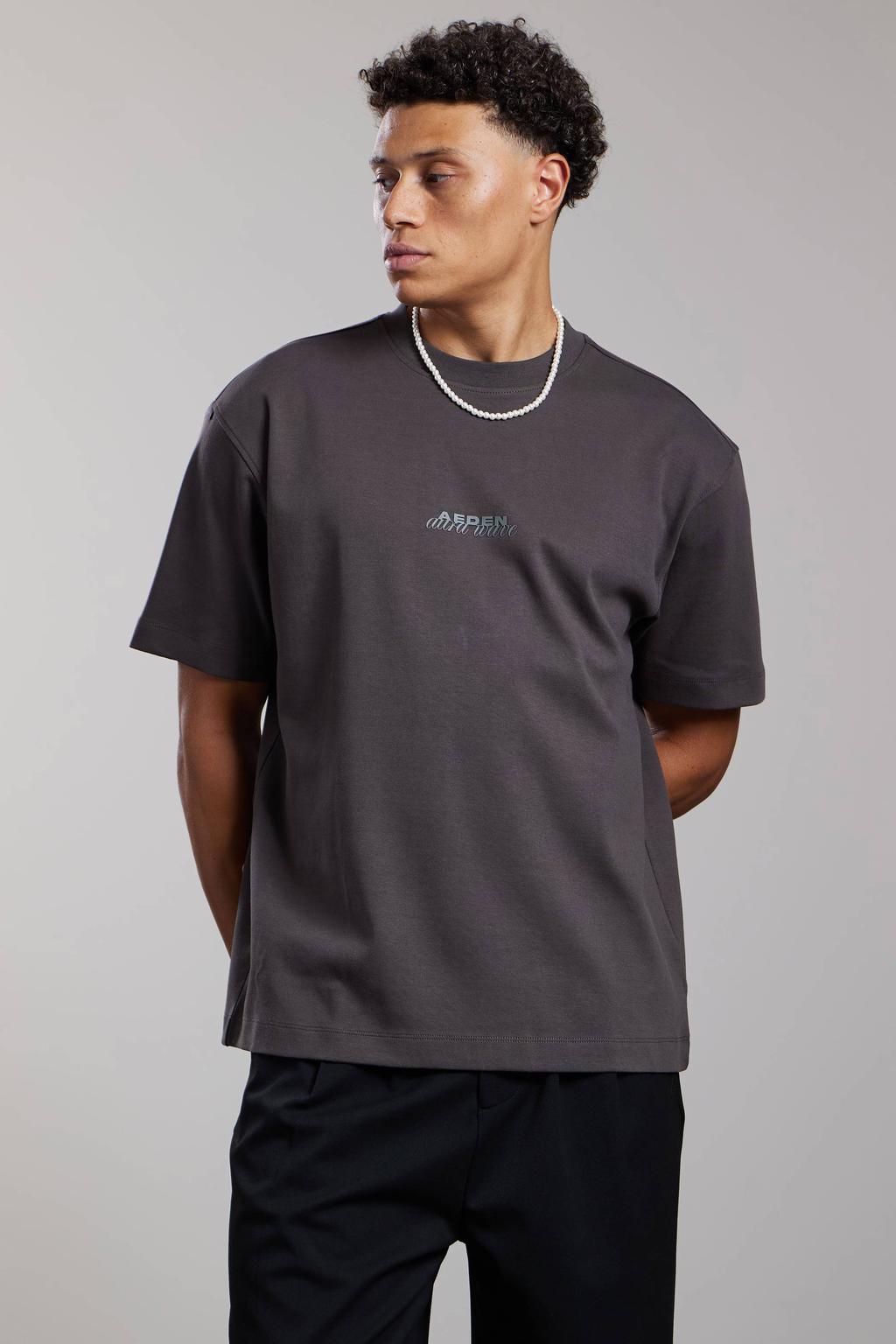 Grijze heren Aeden oversized T-shirt van katoen met backprint, korte mouwen en ronde hals