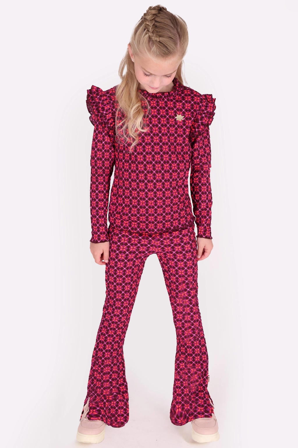 Roze en paarse meisjes B.Nosy aansluitende longsleeve en print van polyester met lange mouwen, opstaande kraag en ruches