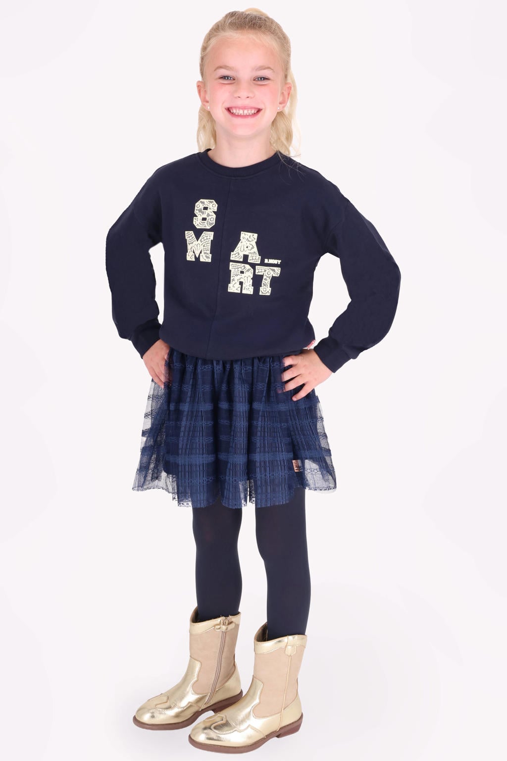 Donkerblauwe meisjes B.Nosy rechtvallende sweater van katoen met printopdruk, lange mouwen en ronde hals