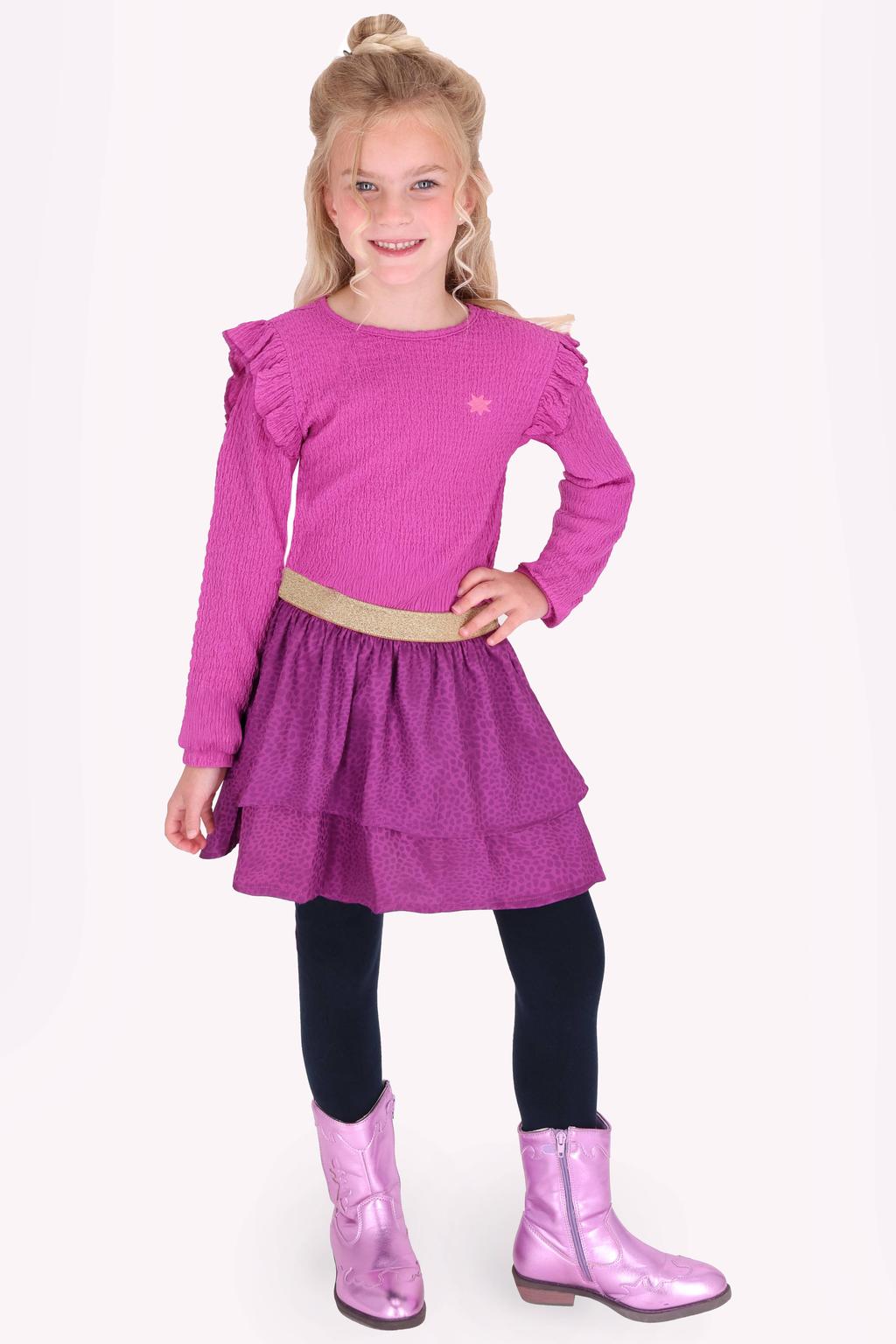 Paars en roze meisjes B.Nosy midi jurk met met lange mouwen, ronde hals en ruches