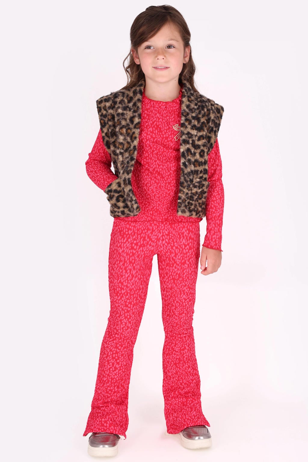 Bruin en beige meisjes B.Nosy teddy rechtvallend gilet met panterprint en openvallende hals