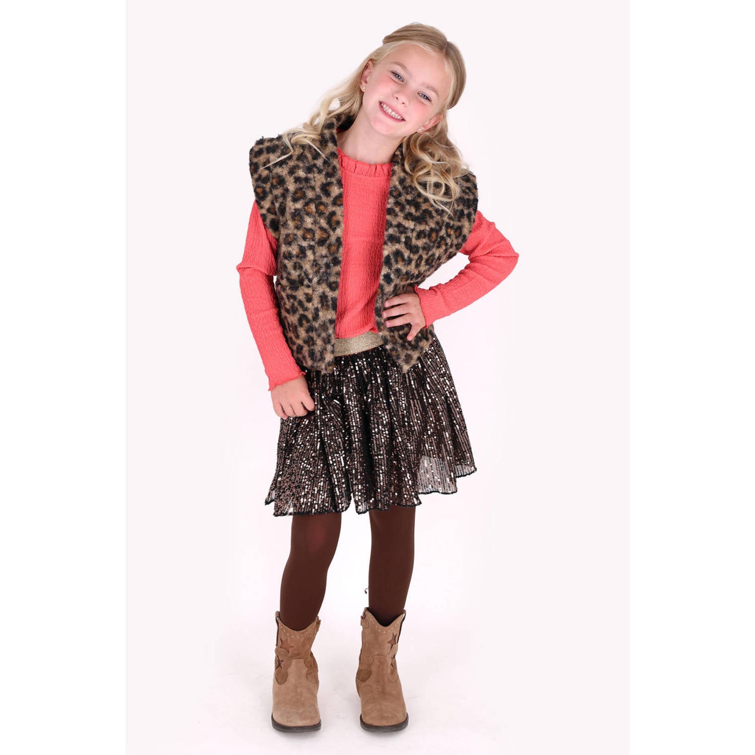 B.Nosy teddy rechtvallend gilet met panterprint bruin