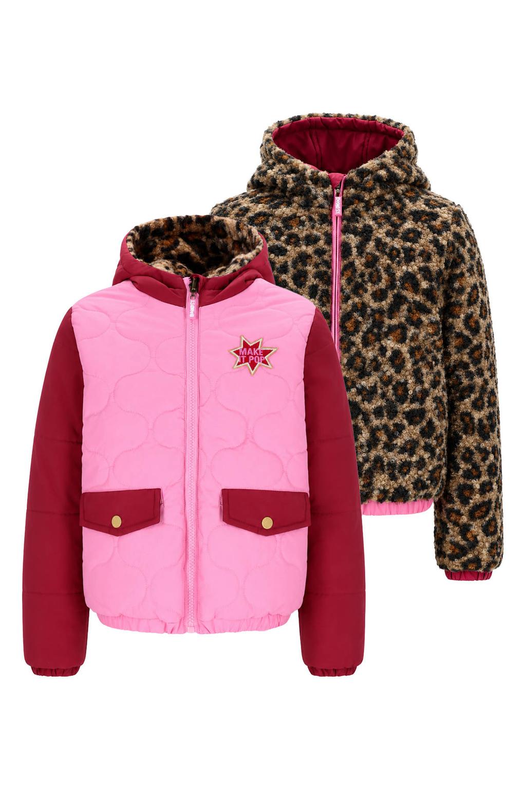 Roze, donkerrood en bruine meisjes B.Nosy teddy winterjas van polyester met dierenprint, lange mouwen, capuchon en ritssluiting