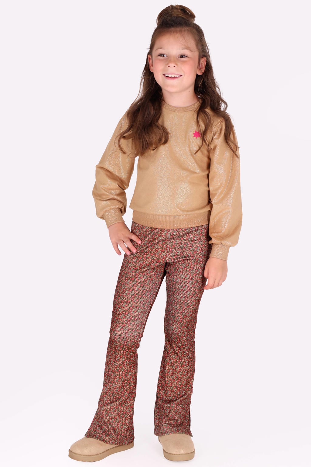 Bruine meisjes B.Nosy rechtvallende sweater van katoen met effen, lange mouwen, ronde hals en glimmend detail