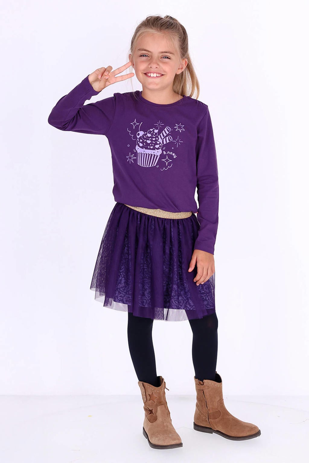 Paarse meisjes B.Nosy aansluitende longsleeve van stretchkatoen met printopdruk, lange mouwen en ronde hals