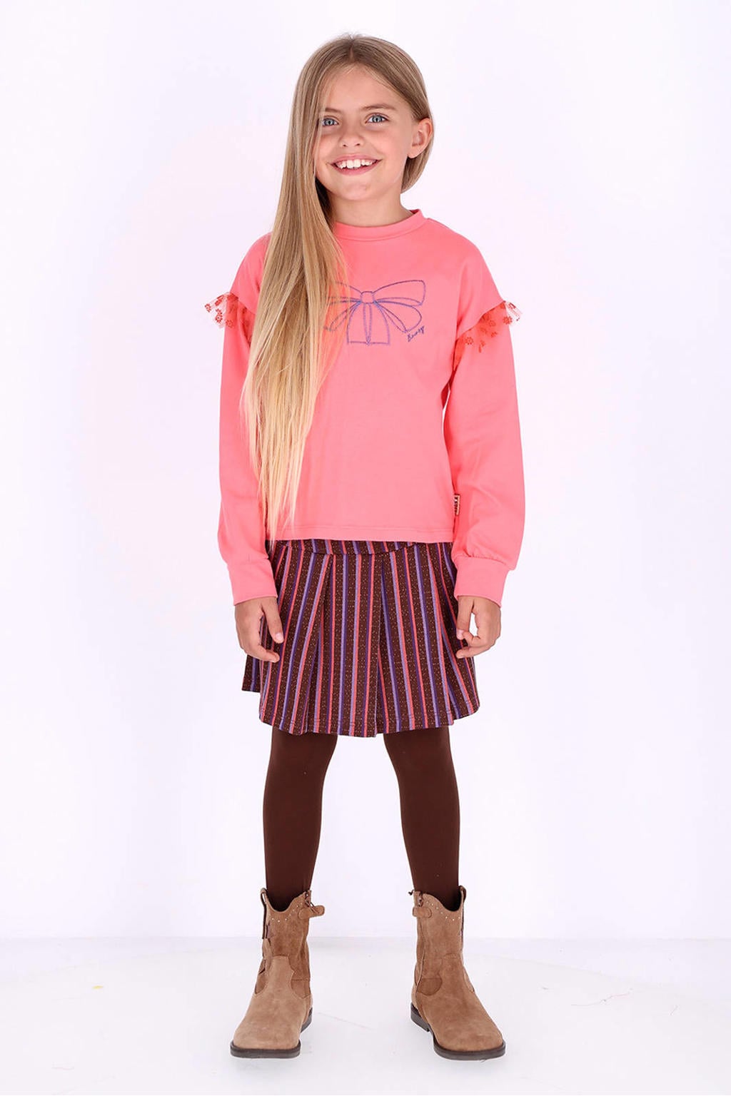 Roze meisjes B.Nosy rechtvallende sweater en print met lange mouwen en ronde hals