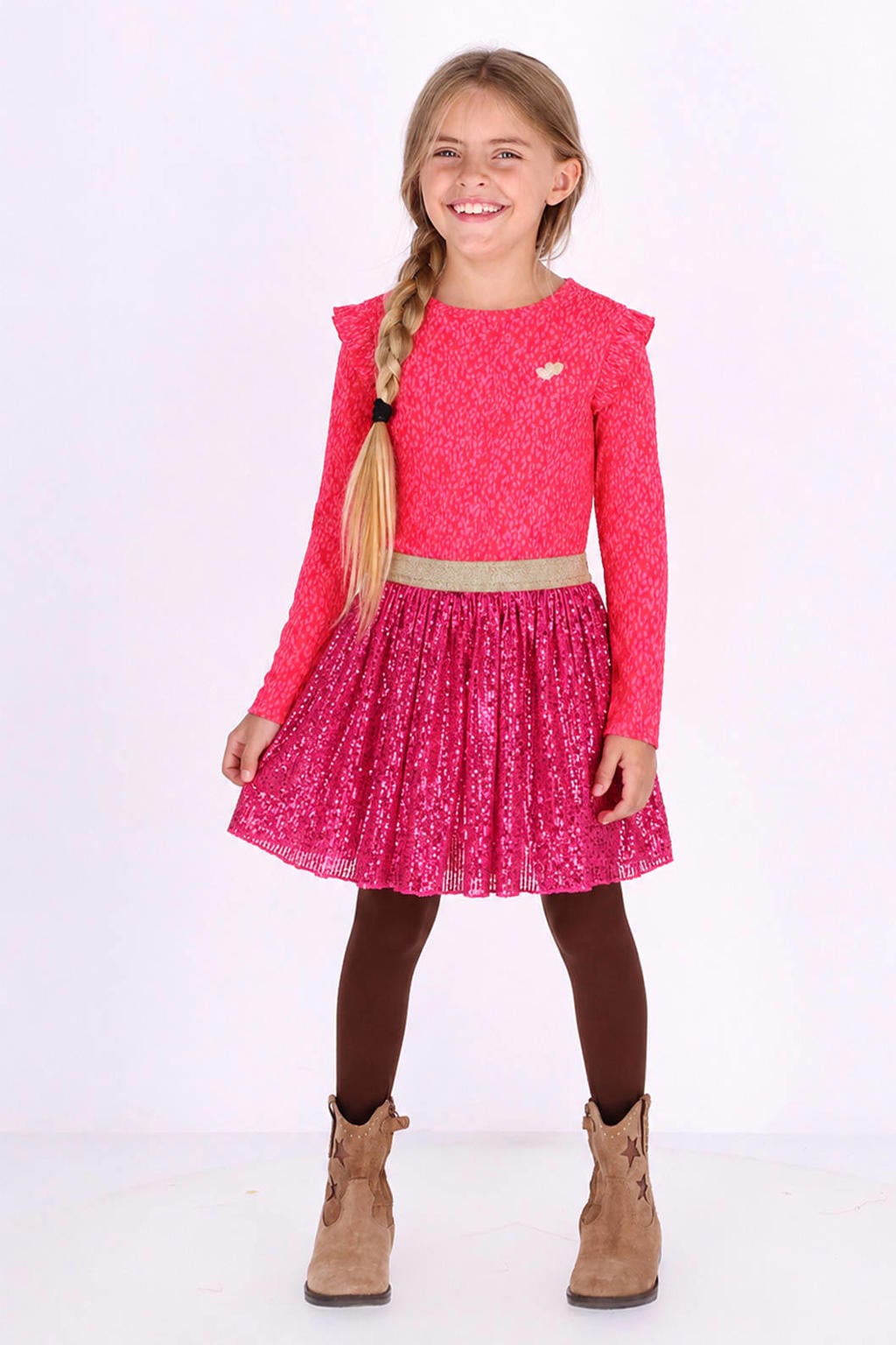 B.Nosy korte glitter jurk met pailletten en ruches - roze