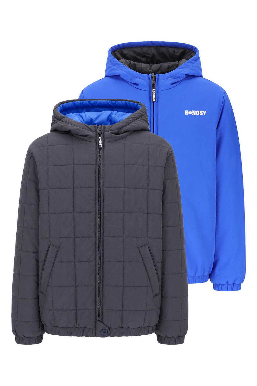 Grijs en blauwe jongens B.Nosy reversible winterjas van polyester met effen, lange mouwen, capuchon en ritssluiting