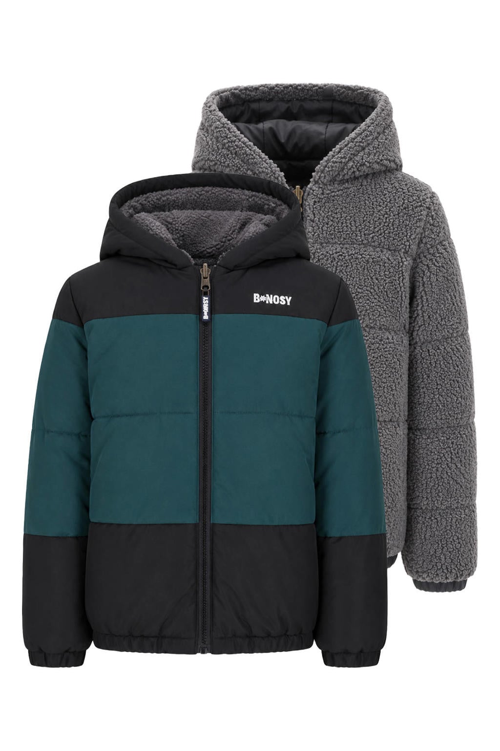 Zwart, groen en grijze jongens B.Nosy reversible winterjas van polyester met meerkleurige print, lange mouwen, ritssluiting en elastische boord