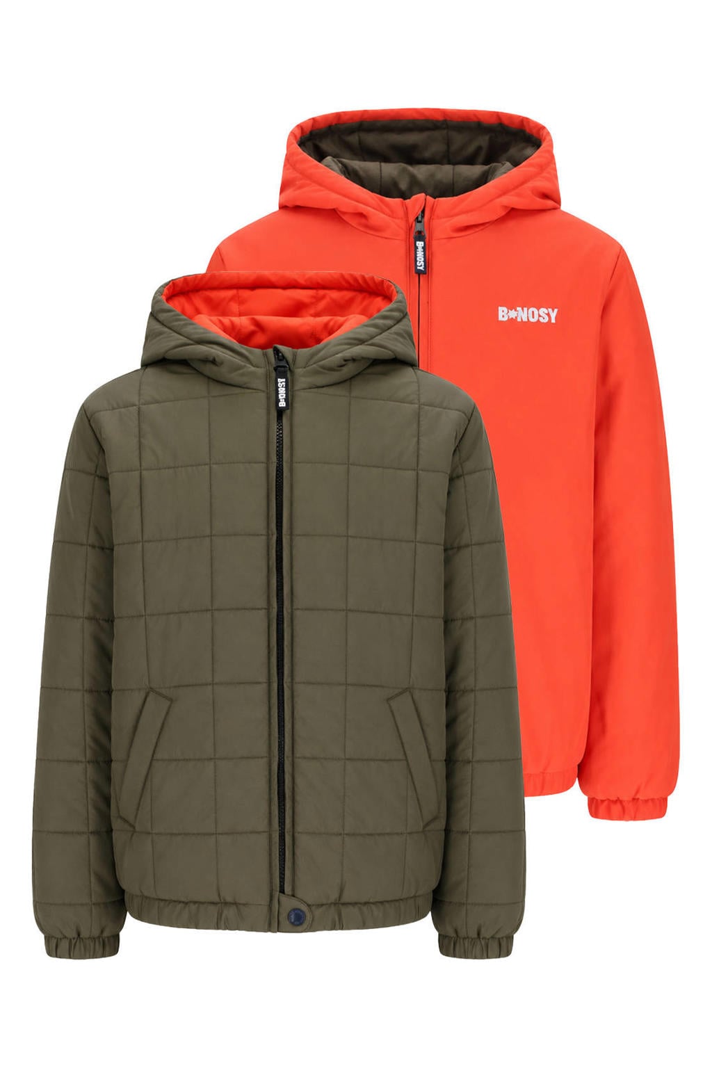 Donkergroen en oranje jongens B.Nosy reversible winterjas van polyester met effen, lange mouwen, capuchon en ritssluiting
