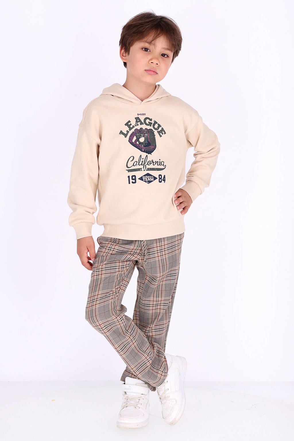 Beige en bruine jongens B.Nosy straight leg geruite casual broek met elastische tailleband met koord