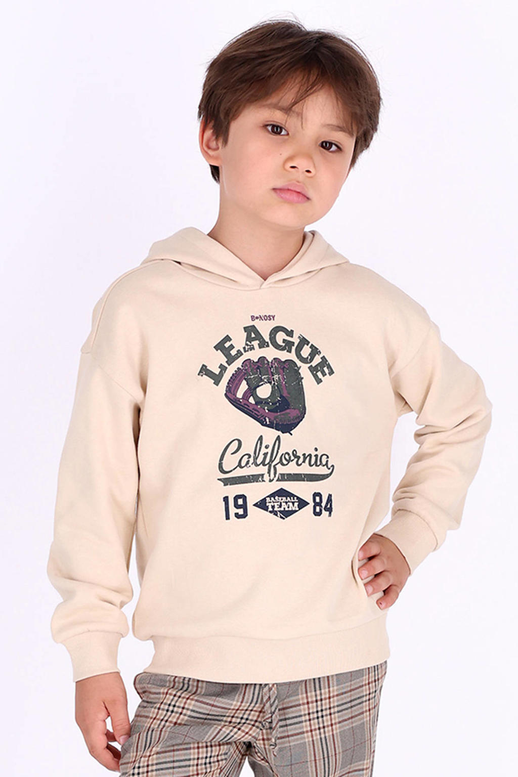 Ecru jongens B.Nosy rechtvallende hoodie van katoen met printopdruk, lange mouwen en capuchon
