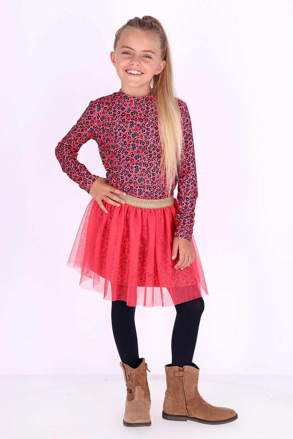 Roze en donkergrijze meisjes B.Nosy aansluitende gebloemde longsleeve van polyester met lange mouwen en ronde hals