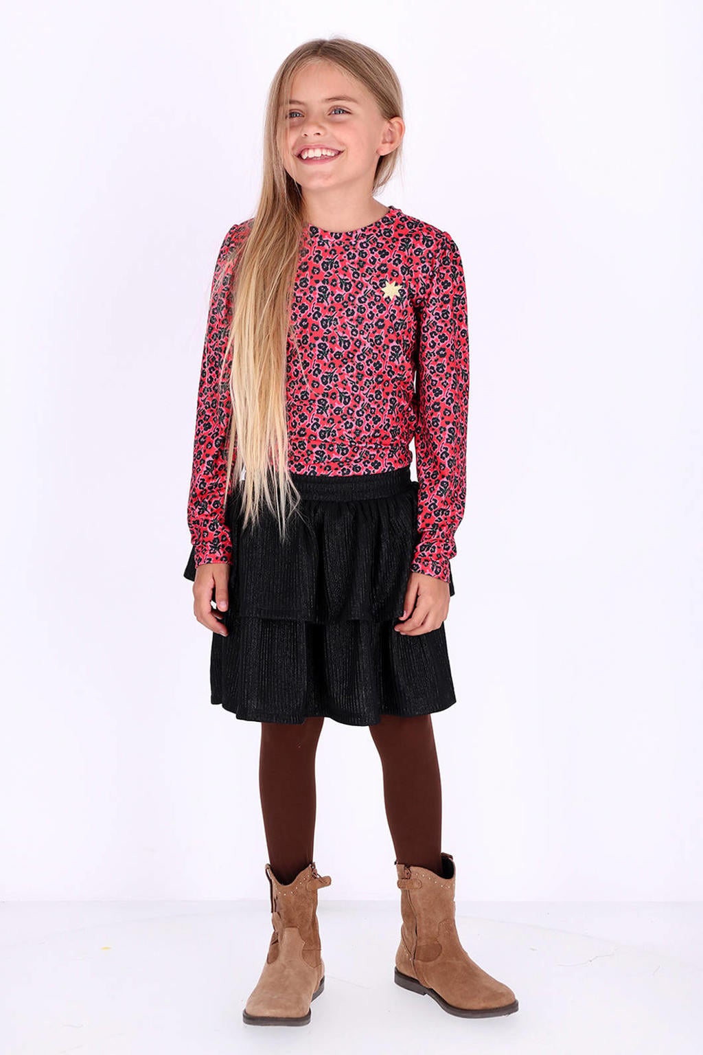 Roze en zwarte meisjes B.Nosy gebloemde midi jurk van polyester met lange mouwen, ronde hals en elastische tailleband