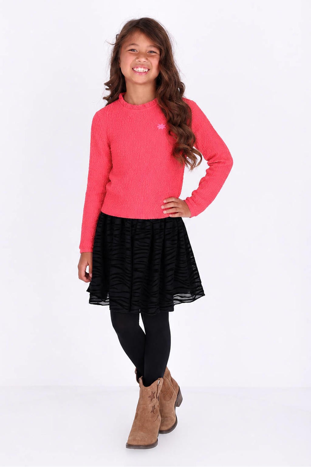 Rode meisjes B.Nosy rechtvallende longsleeve van polyester met effen, lange mouwen, ronde hals en ruches