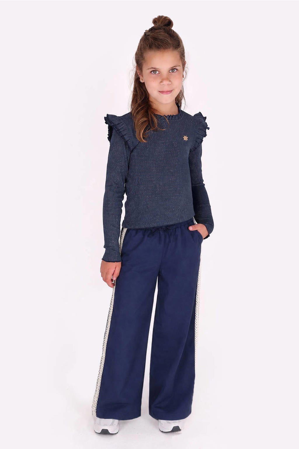 Donkerblauwe meisjes B.Nosy straight leg broek van polyamide met elastische tailleband met koord en effen