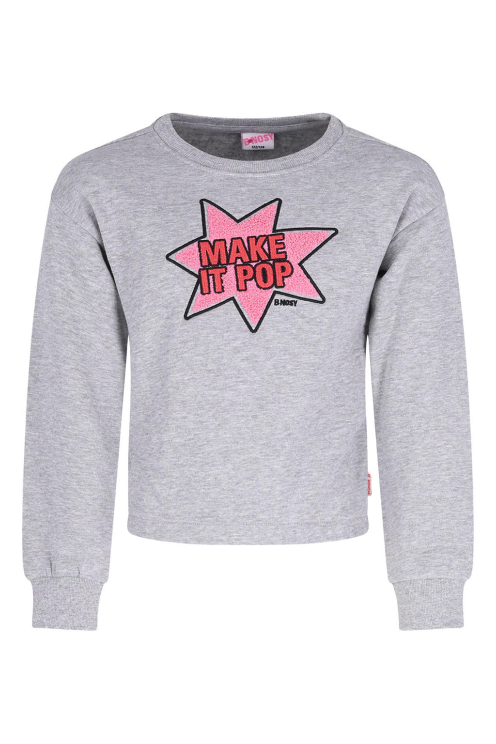 Grijs melange meisjes B.Nosy rechtvallende sweater met printopdruk, lange mouwen, ronde hals en 3D applicatie