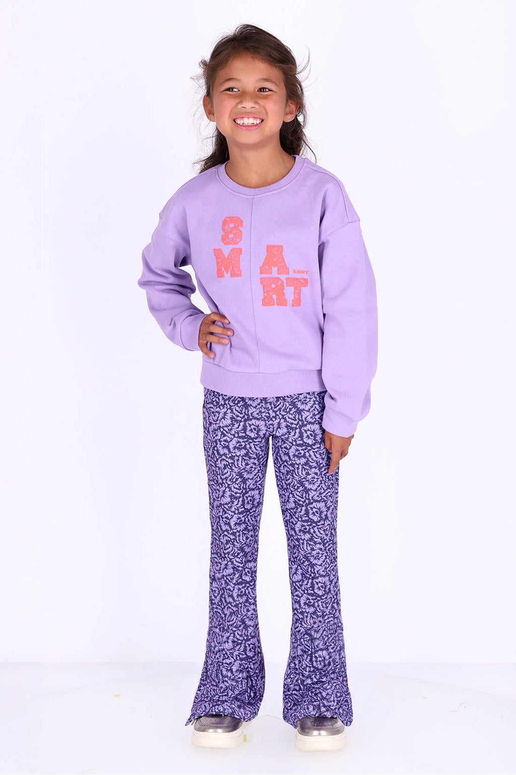 Lilakleurige meisjes B.Nosy rechtvallende sweater met printopdruk, lange mouwen, ronde hals en geribde boorden