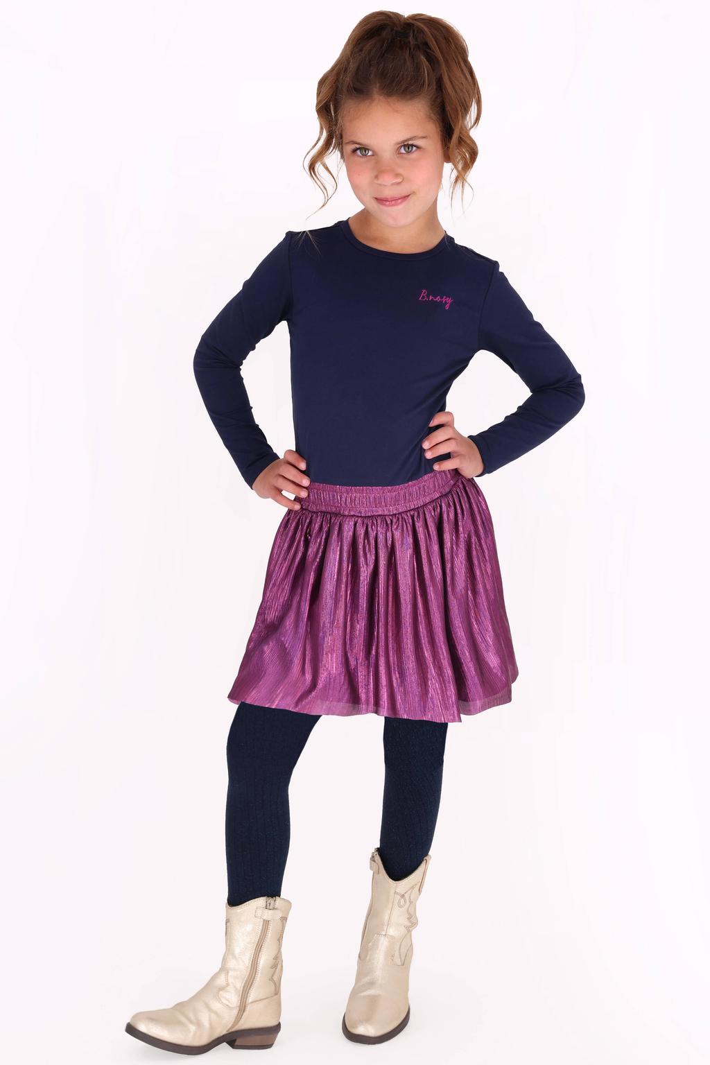 Donkerblauw en paarse meisjes B.Nosy midi jurk van stretchkatoen met backprint, lange mouwen en ronde hals