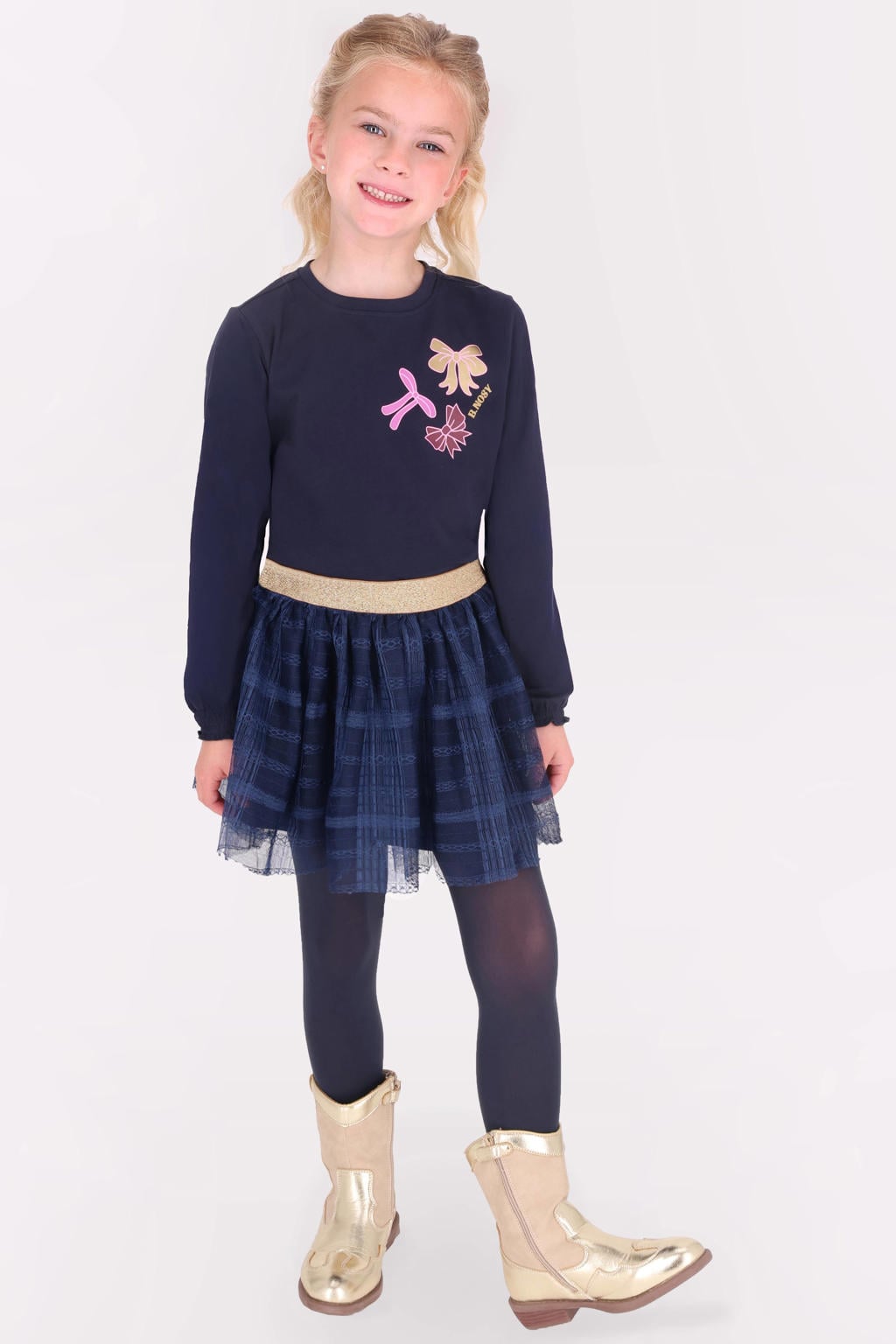 Donkerblauwe meisjes B.Nosy aansluitende longsleeve van stretchkatoen met printopdruk, lange mouwen en ronde hals