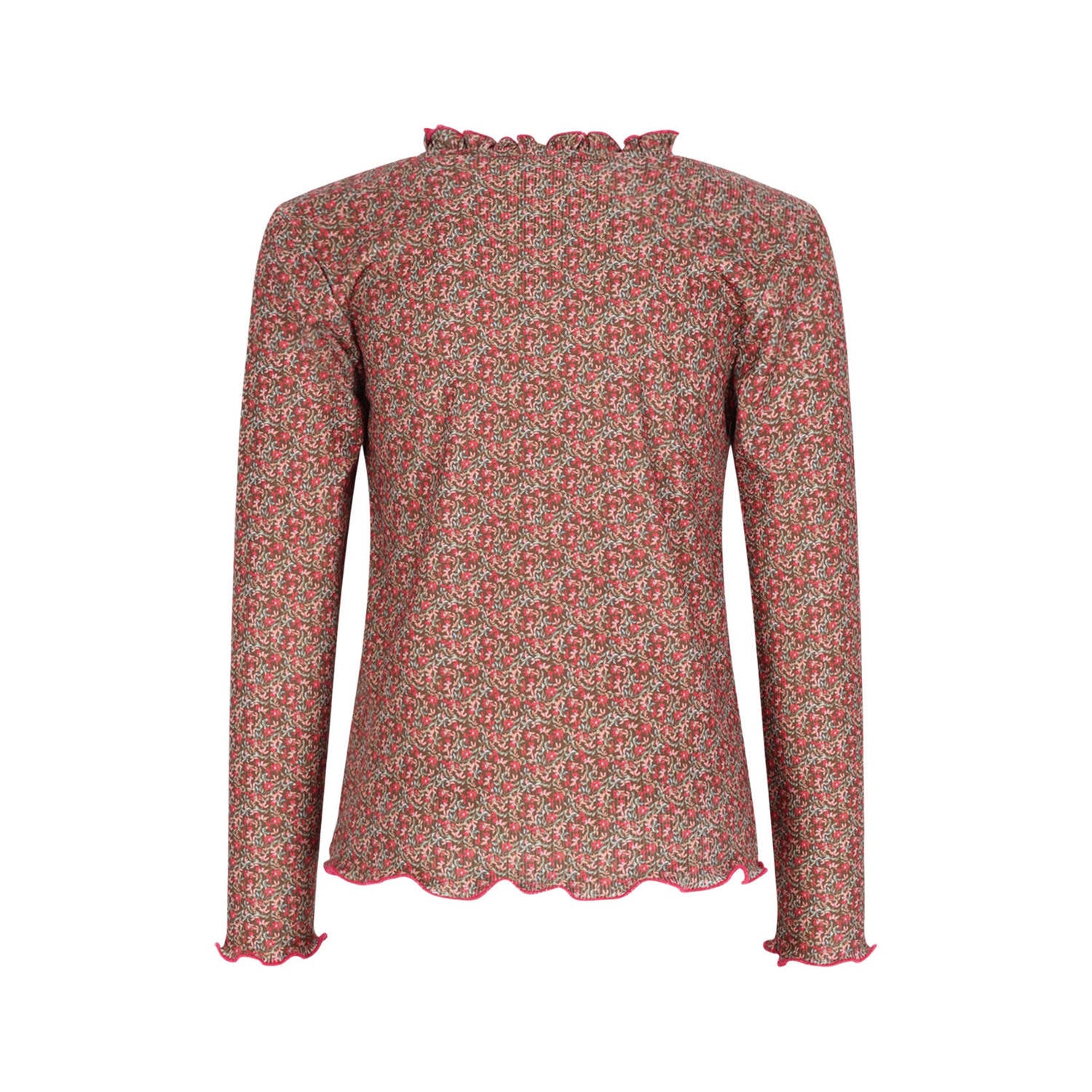 B.Nosy aansluitende gebloemde longsleeve met ruches bruin
