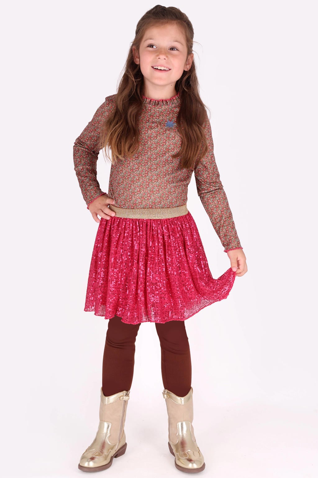 B.Nosy aansluitende gebloemde longsleeve met ruches - bruin