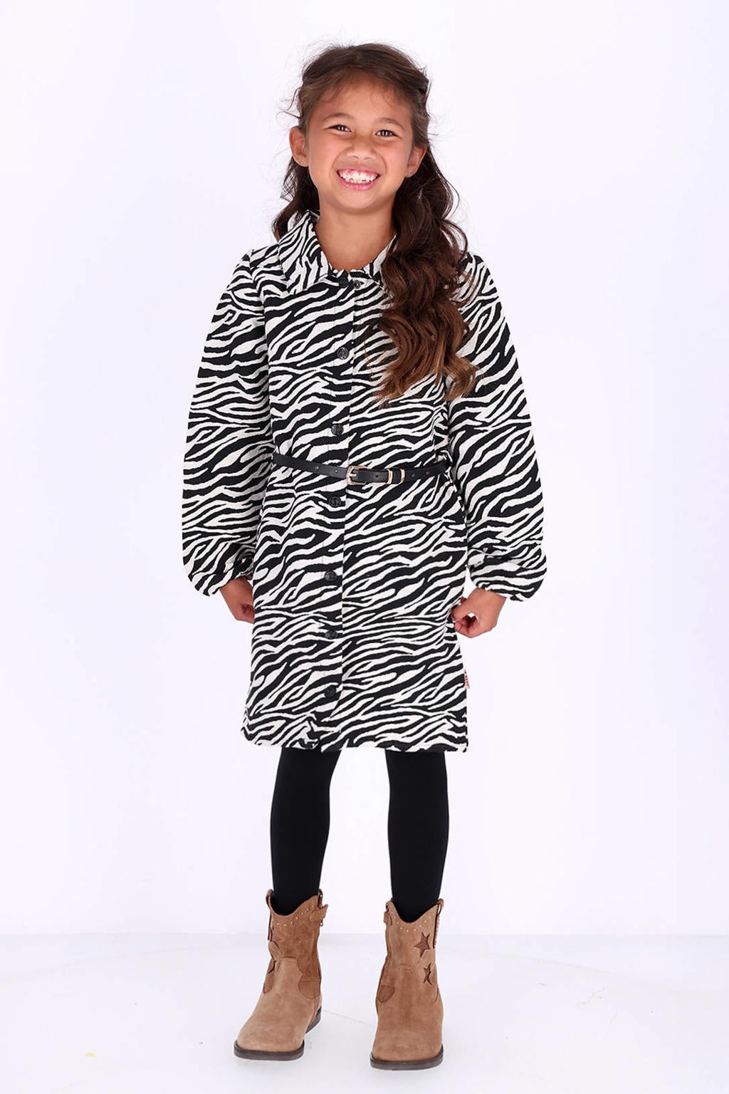 Zwart en witte meisjes B.Nosy midi blousejurk met met lange mouwen, klassieke kraag, knoopsluiting en ceintuur