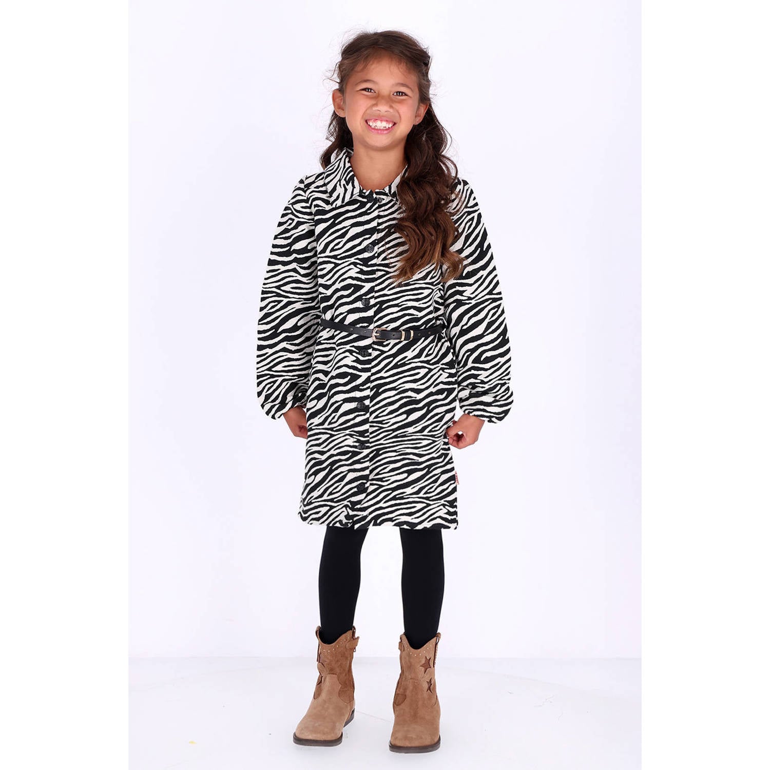 B.Nosy midi blousejurk met ceintuur en zebraprint zwart wit