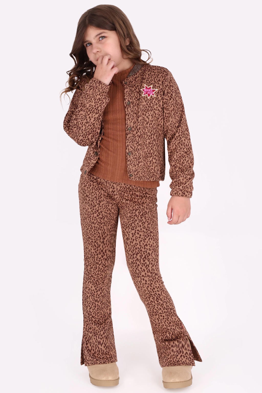 Bruin en donkerblauwe meisjes B.Nosy flared broek van polyester met regular waist, elastische tailleband en panterprint