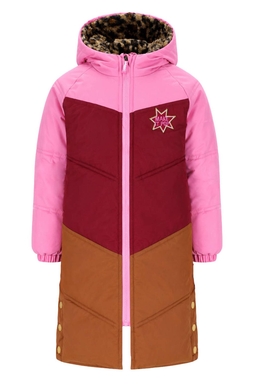 Roze, donkerrood en bruine meisjes B.Nosy gewatteerde winterjas van polyester met meerkleurige print, lange mouwen, capuchon en ritssluiting