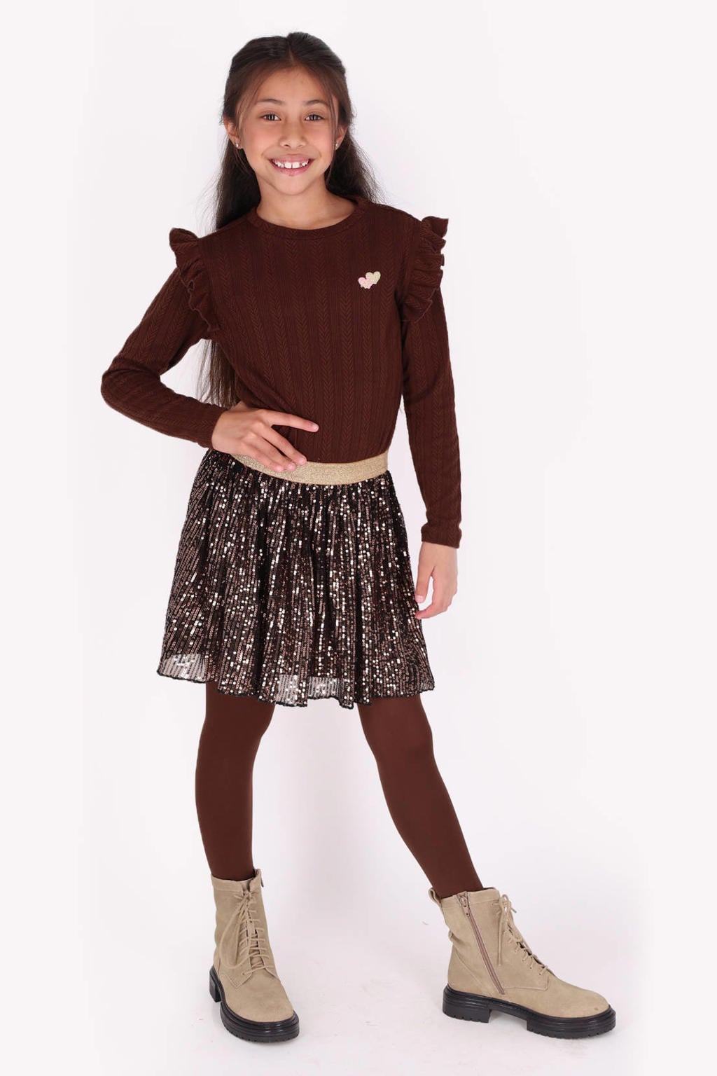 Donkerblauwe meisjes B.Nosy korte jurk van polyester met effen, lange mouwen, ronde hals, elastische tailleband en pailletten