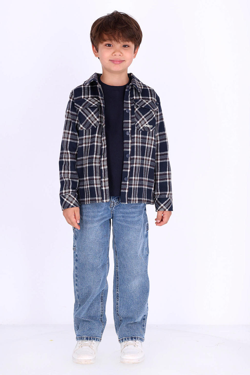 Donkerblauwe jongens B.Nosy relaxed fit geruit overshirt van katoen met lange mouwen en klassieke kraag