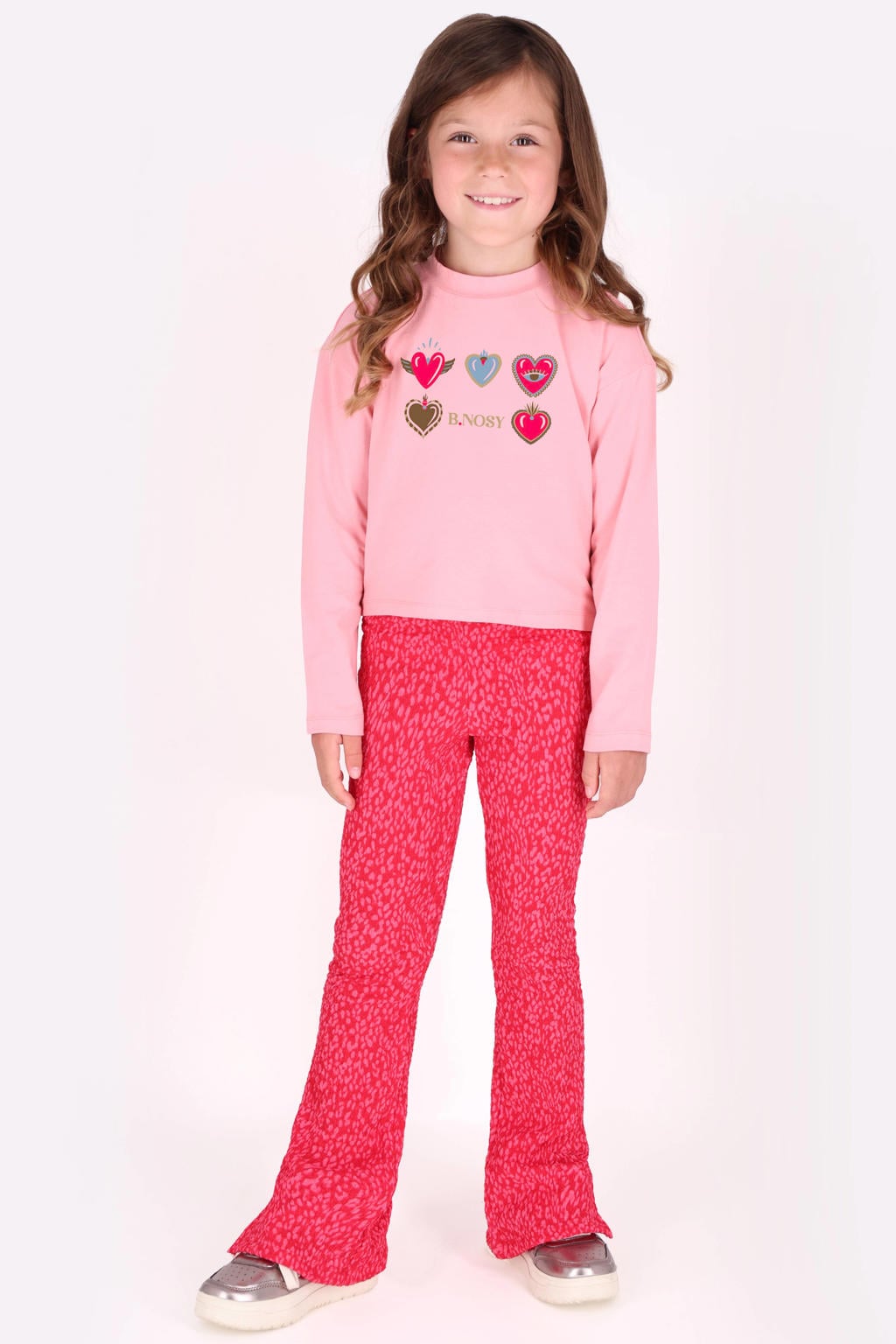 Roze meisjes B.Nosy boxy longsleeve van stretchkatoen met hartjesprint, lange mouwen en ronde hals