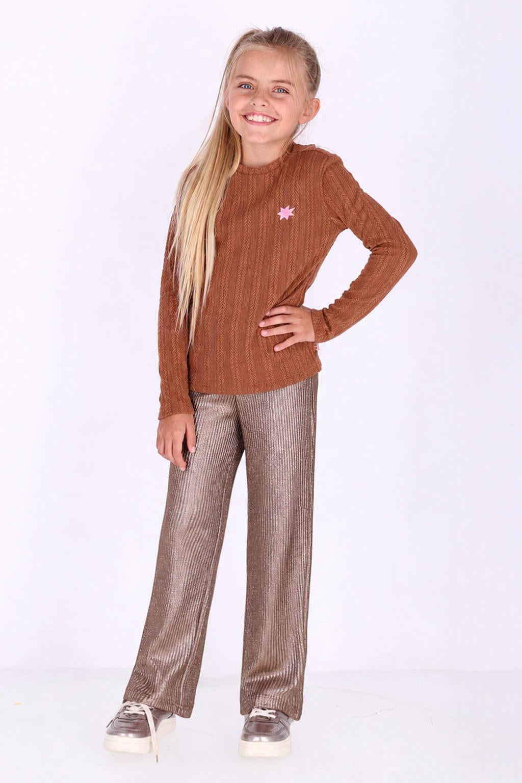 Bruine meisjes B.Nosy aansluitende longsleeve van polyester met lange mouwen en ronde hals