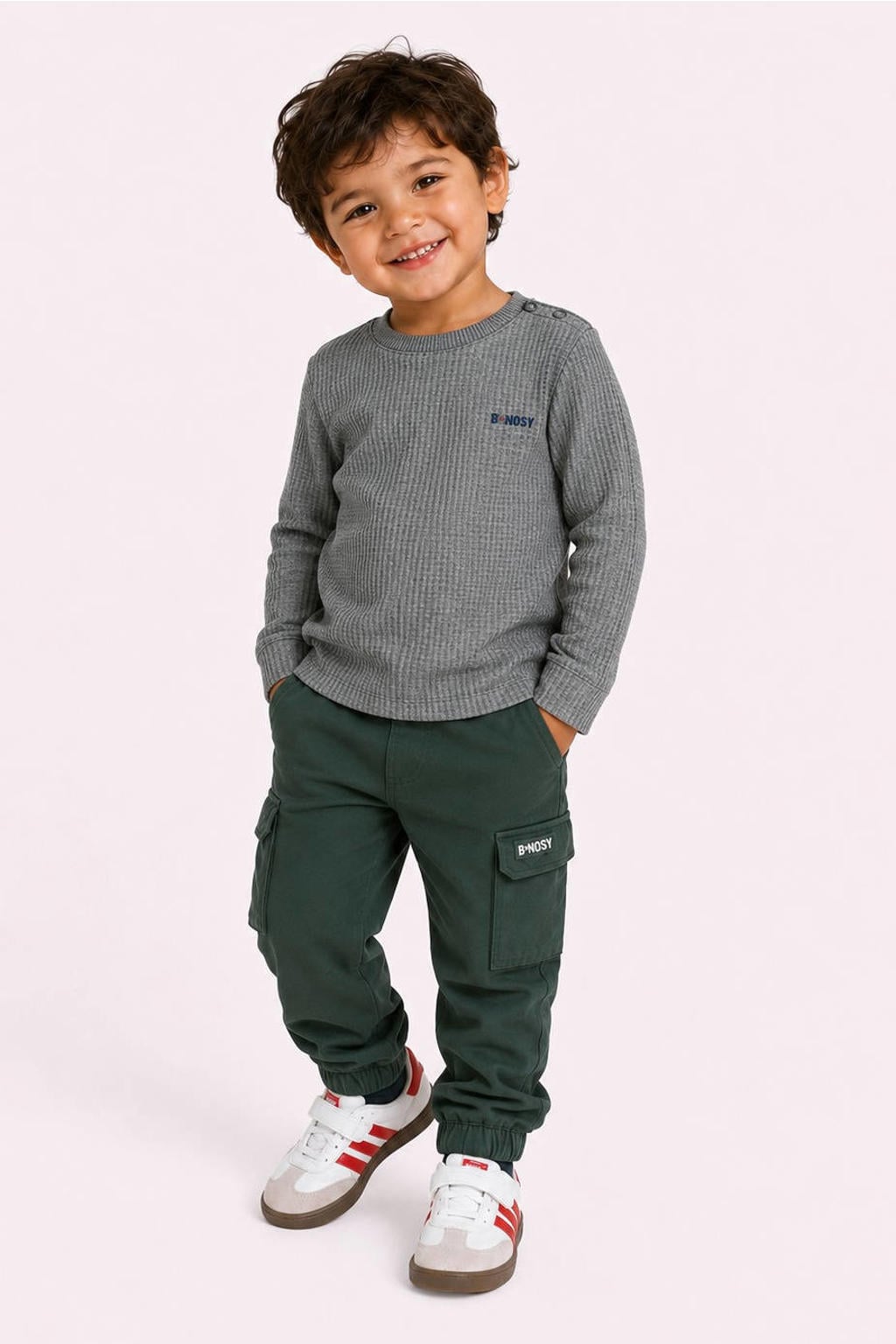 Grijs melange jongens B.Nosy aansluitende longsleeve van katoen met effen, lange mouwen, ronde hals, drukknoopsluiting en wafel