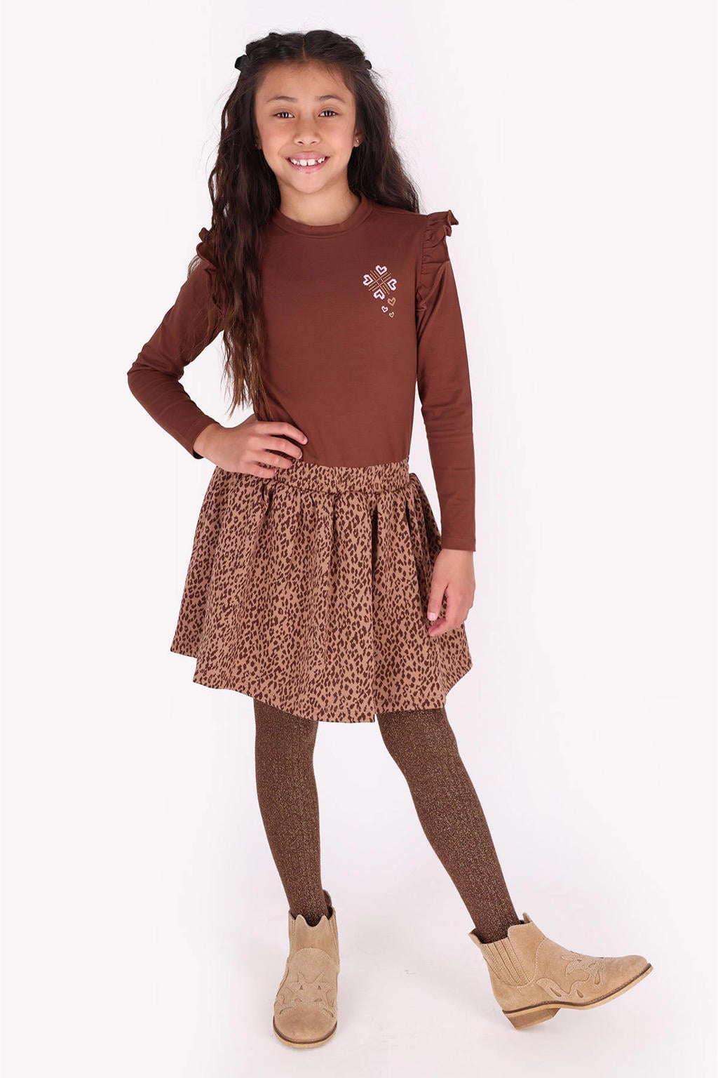 B.Nosy midi jurk met ruches en panterprint - bruin