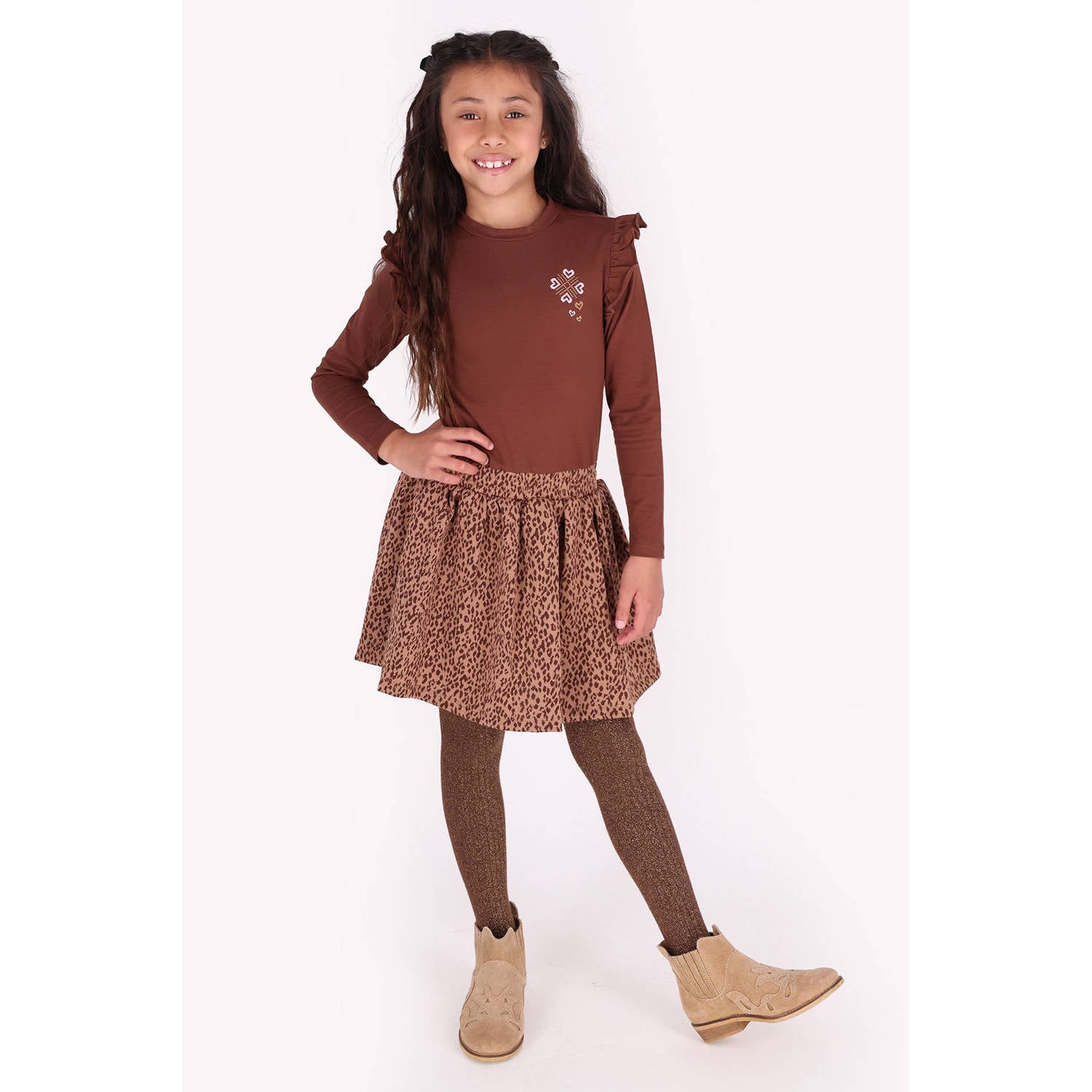 B.Nosy midi jurk met ruches en panterprint bruin