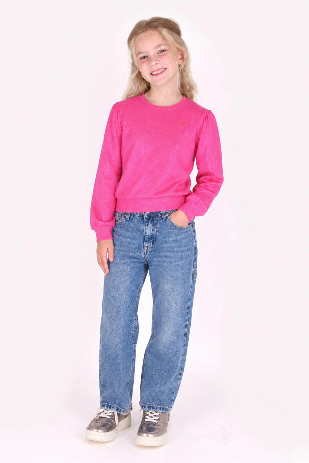 Roze meisjes B.Nosy rechtvallende sweater met effen, lange mouwen, ronde hals en geribde boorden