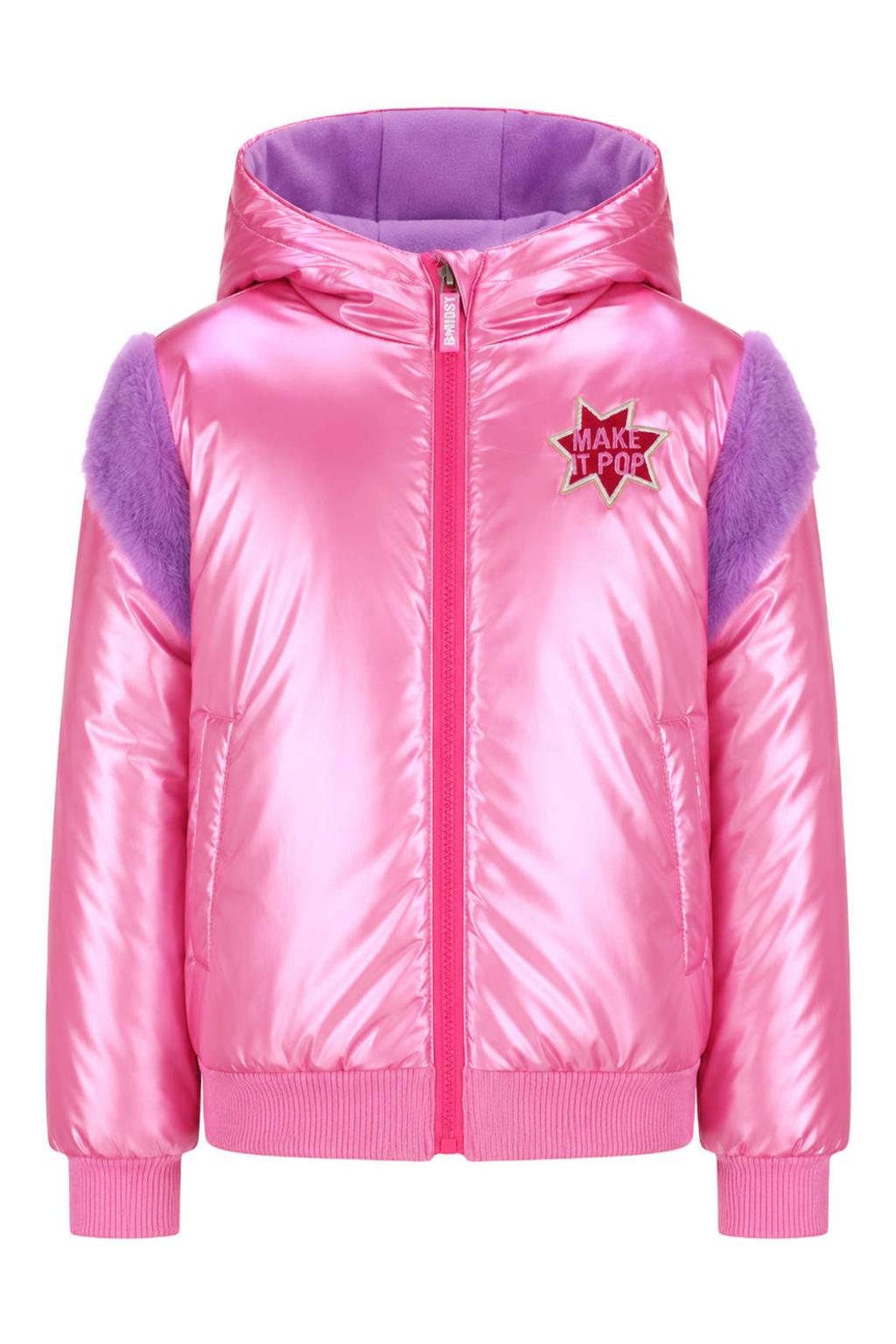 Roze en lilakleurige meisjes B.Nosy gewatteerde winterjas van polyester met meerkleurige print, lange mouwen, capuchon, ritssluiting en elastische boord
