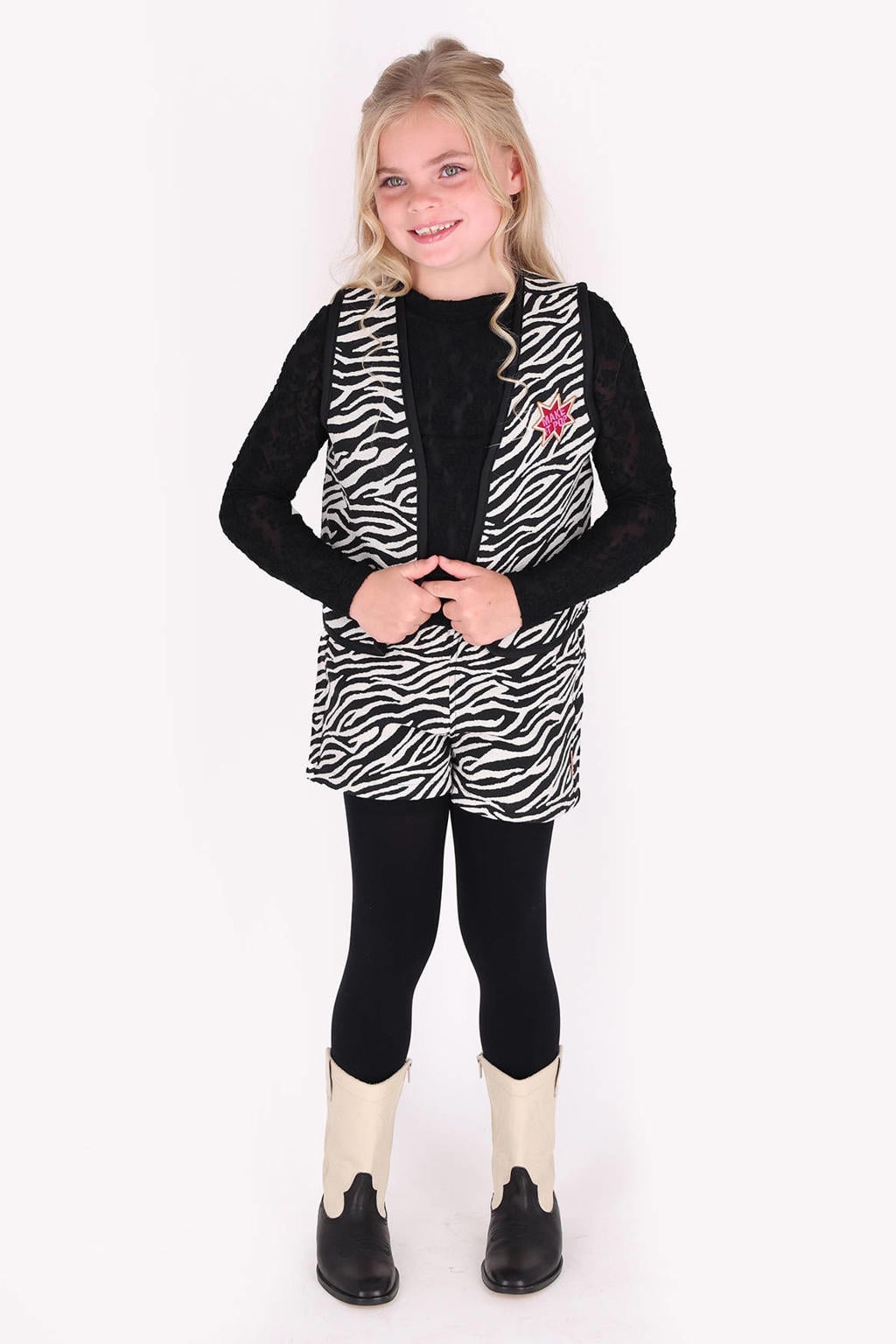 Zwarte meisjes B.Nosy aansluitende gebloemde semi-transparante longsleeve van polyester met lange mouwen en ronde hals