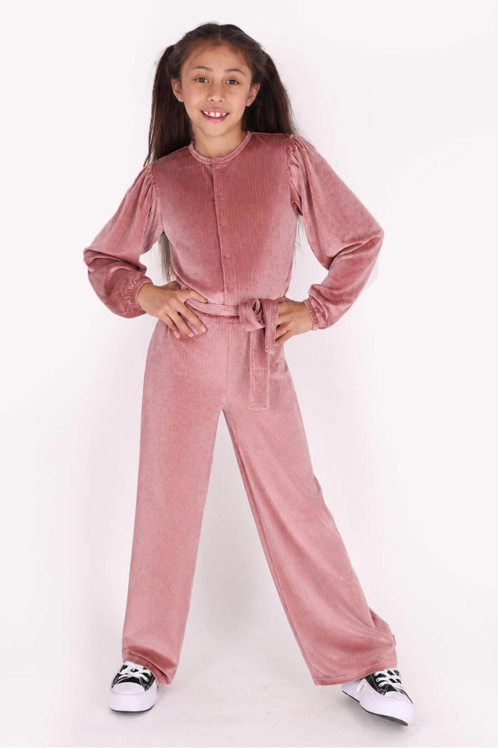 B.Nosy fluwelen rechtvallende jumpsuit met ballonmouwen - roze